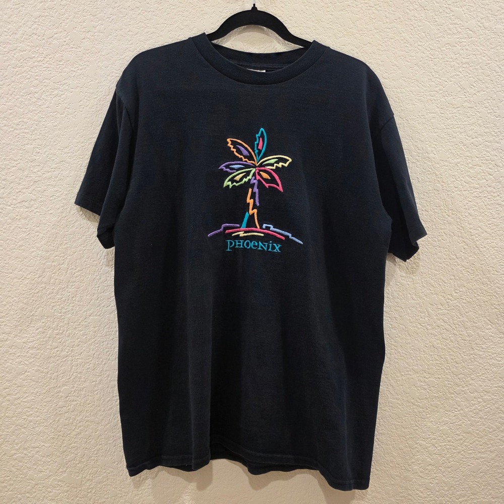 Vintage Anvil Phoenix Neon Palm Tree Embroidered T-Shirt Black Large USA Made